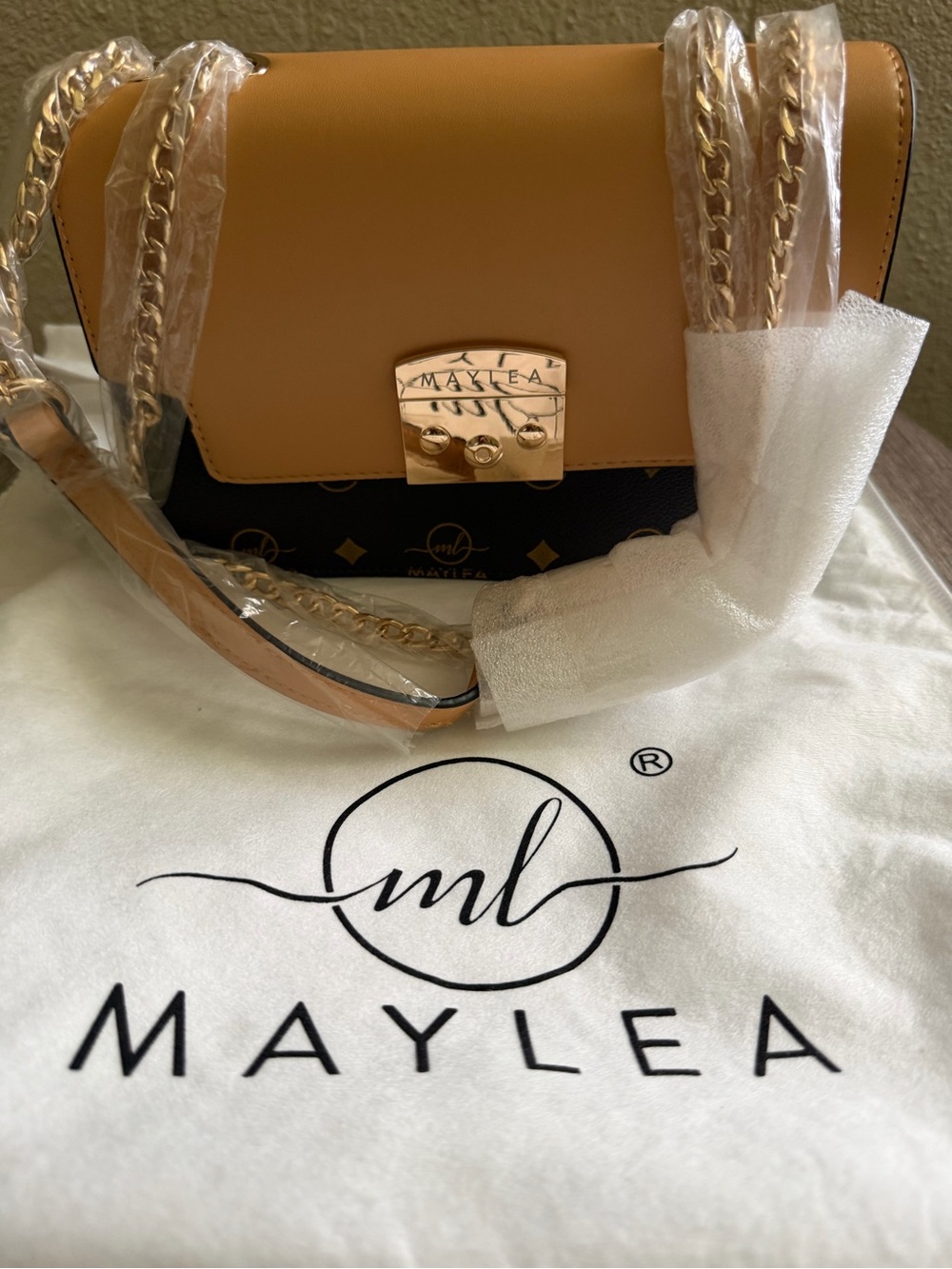 Maylea Tan Crossbody Bag with Gold Chain Strap
